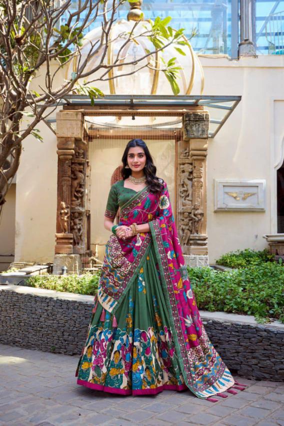 Tussar Silk Semi-stitched Lehenga Choli Set – Embroidered Floral Design With Woven Dupatta, Waist Up To 42", 3.8m Flair, 2.4m Dupatta